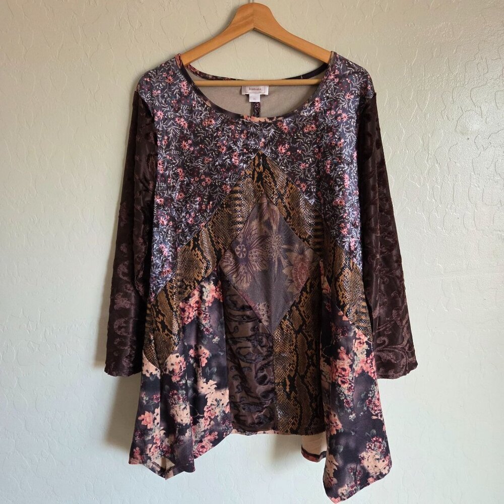 Kamana Patchwork Mixed Media Tunic Top Handkerchief Hem Brown Size XL Artsy Boho